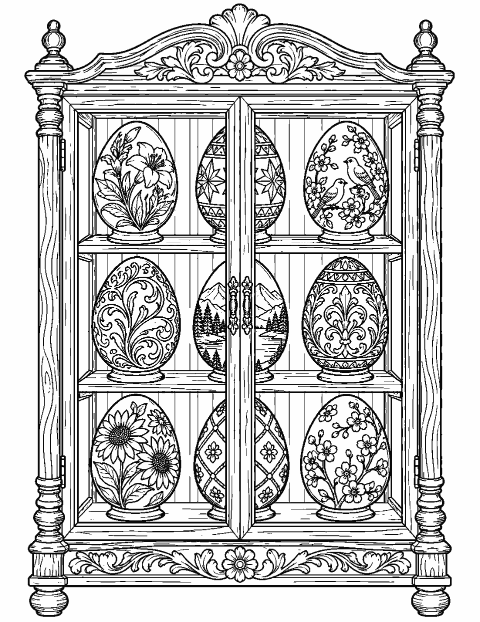 Decorative egg collection in a carved wooden case coloring page, black and white line art