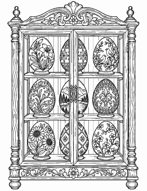 Decorative egg collection in a carved wooden case coloring page