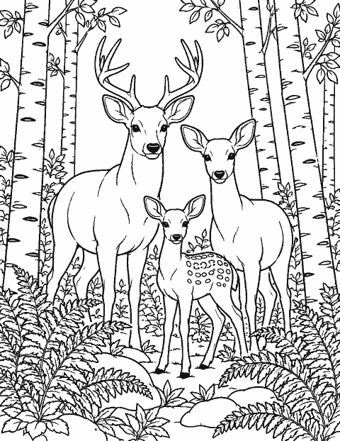 Deer family among birch trunks and ferns coloring page