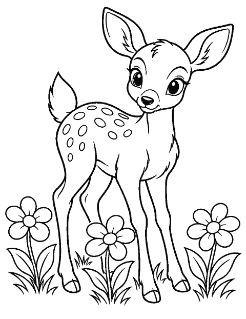 Deer fawn standing among three flowers coloring page