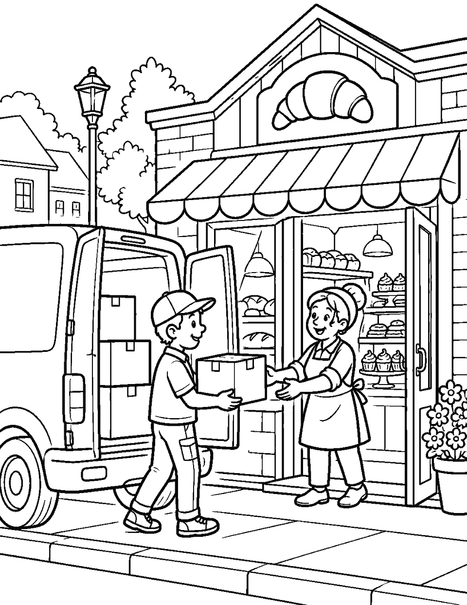 Delivery van stopping at a bakery coloring page, black and white line art