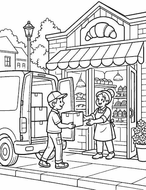 Delivery van stopping at a bakery coloring page