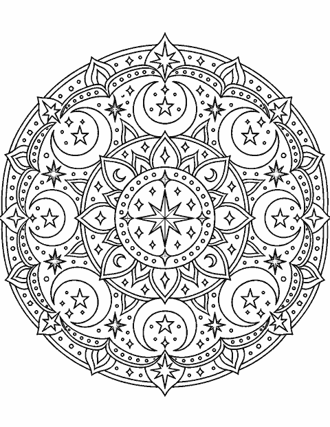 Dense celestial mandala of crescent moons and stars coloring page