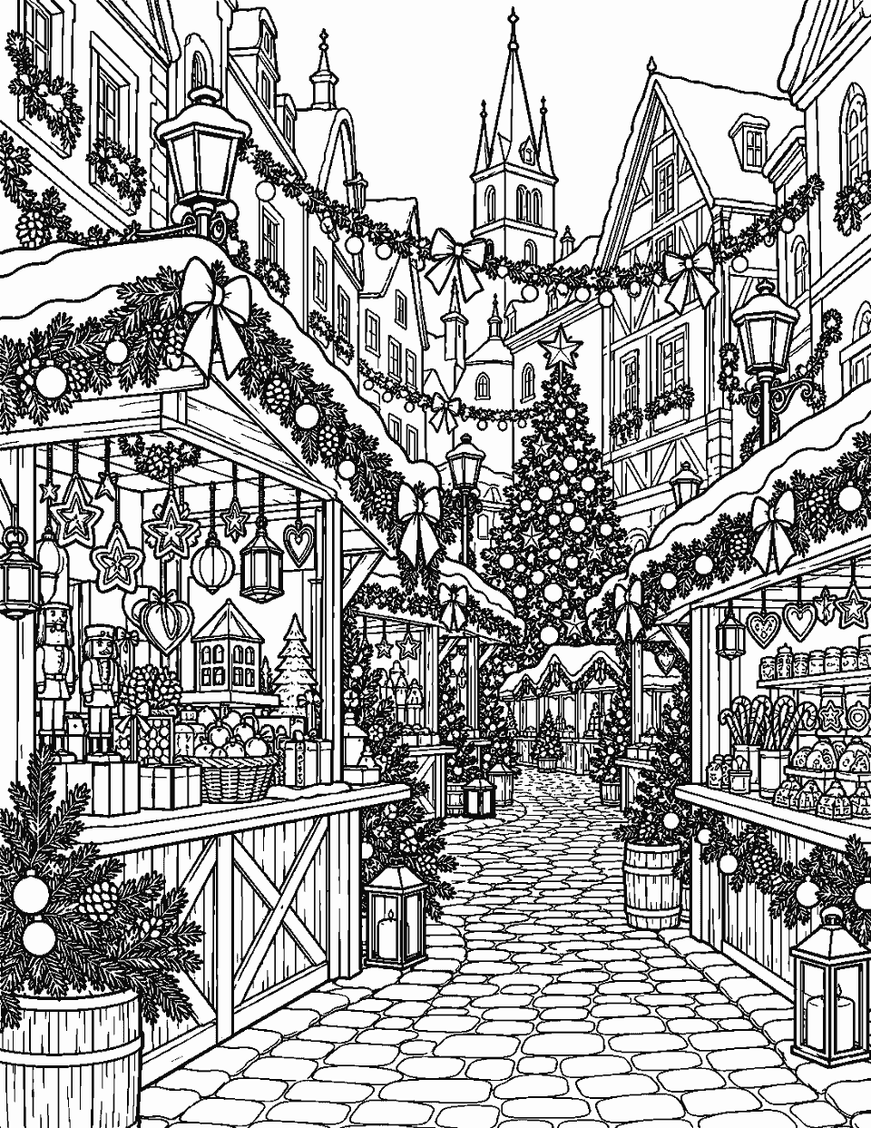 Detailed Christmas market street with stalls and garlands coloring page, black and white line art