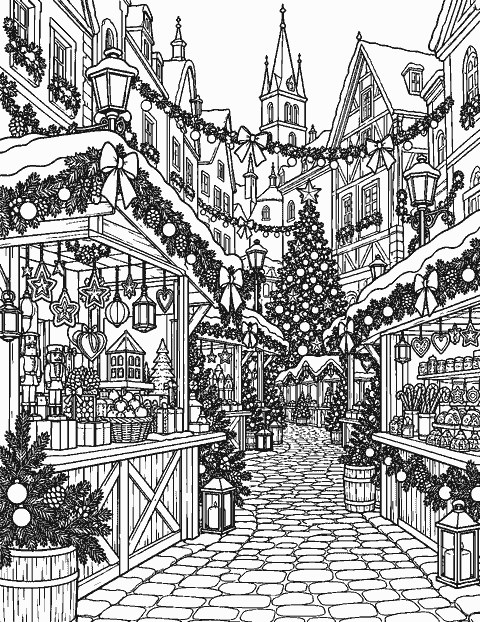 Detailed Christmas market street with stalls and garlands coloring page