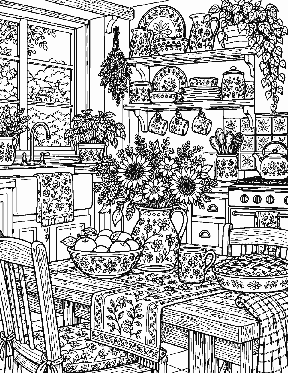 Detailed cottage kitchen full of patterned ceramics coloring page, black and white line art