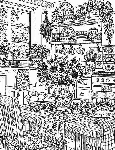 Detailed cottage kitchen full of patterned ceramics coloring page