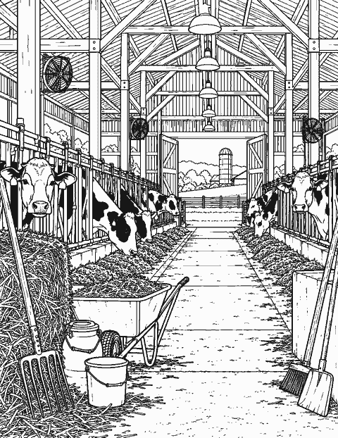 Detailed dairy barn interior with cows and tools coloring page