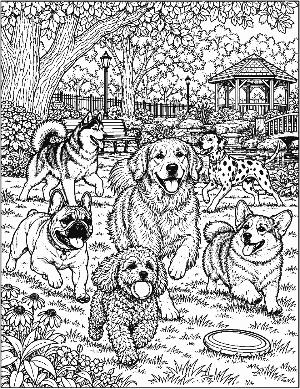 Detailed dog park scene with several breeds and trees coloring page, black and white line art