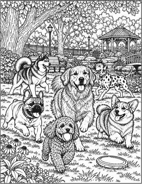 Detailed dog park scene with several breeds and trees coloring page