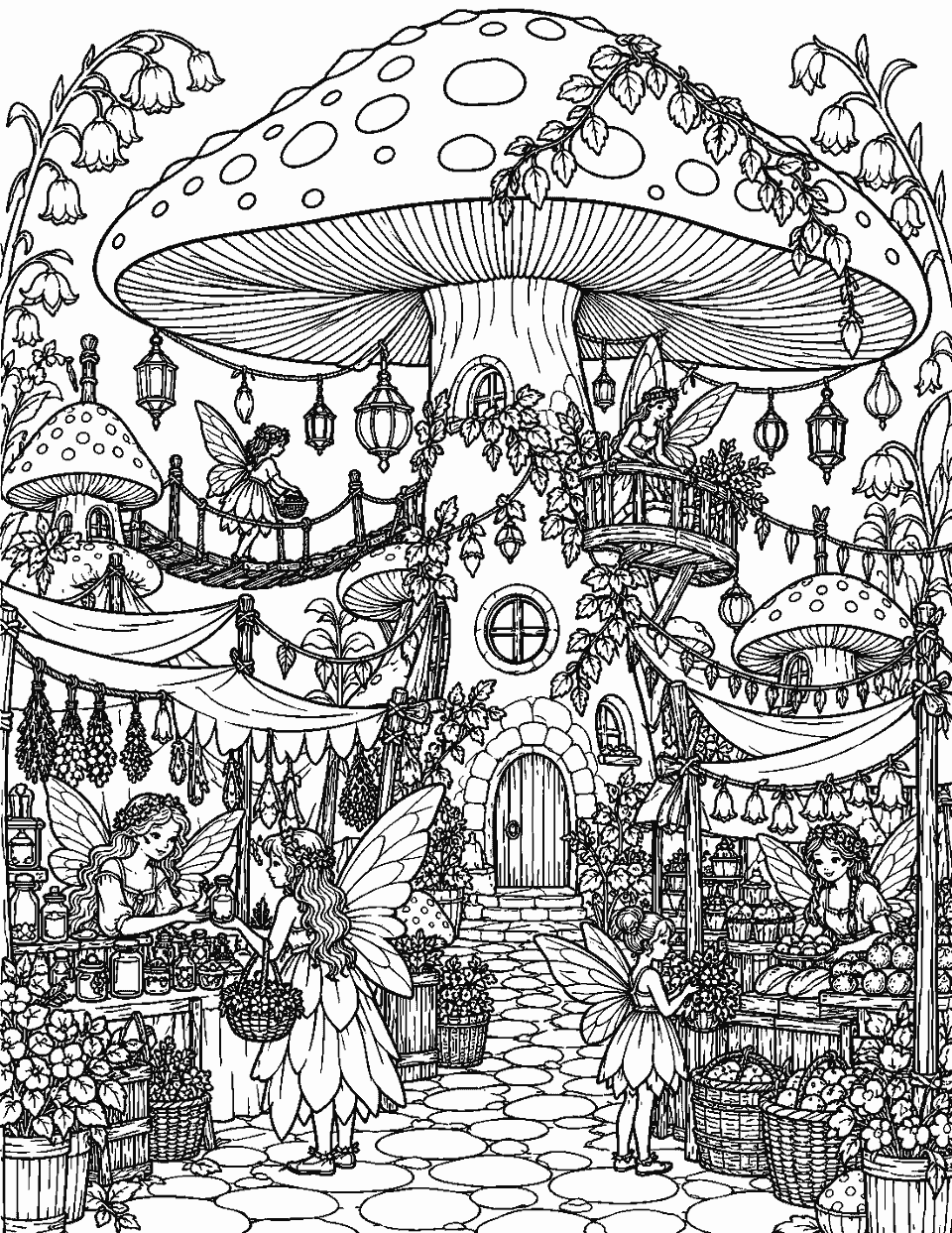 Detailed fairy market around a giant toadstool coloring page, black and white line art