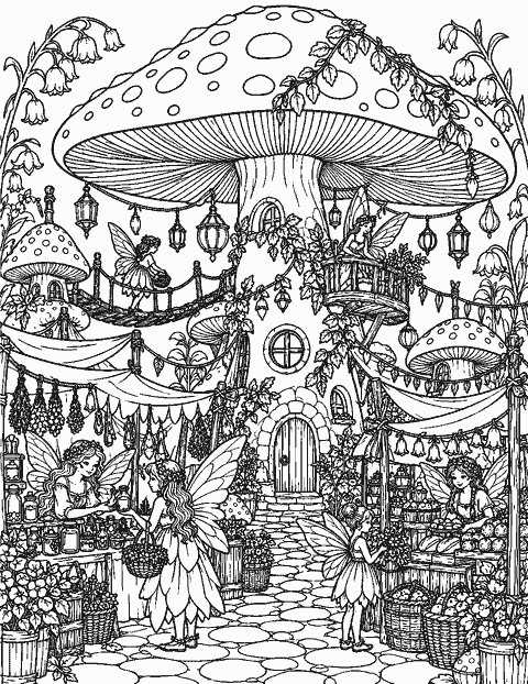 Detailed fairy market around a giant toadstool coloring page