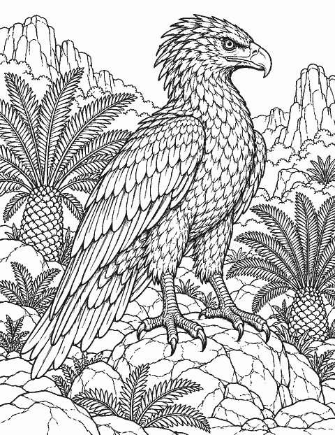 Detailed feathered raptor among rocks and cycads coloring page