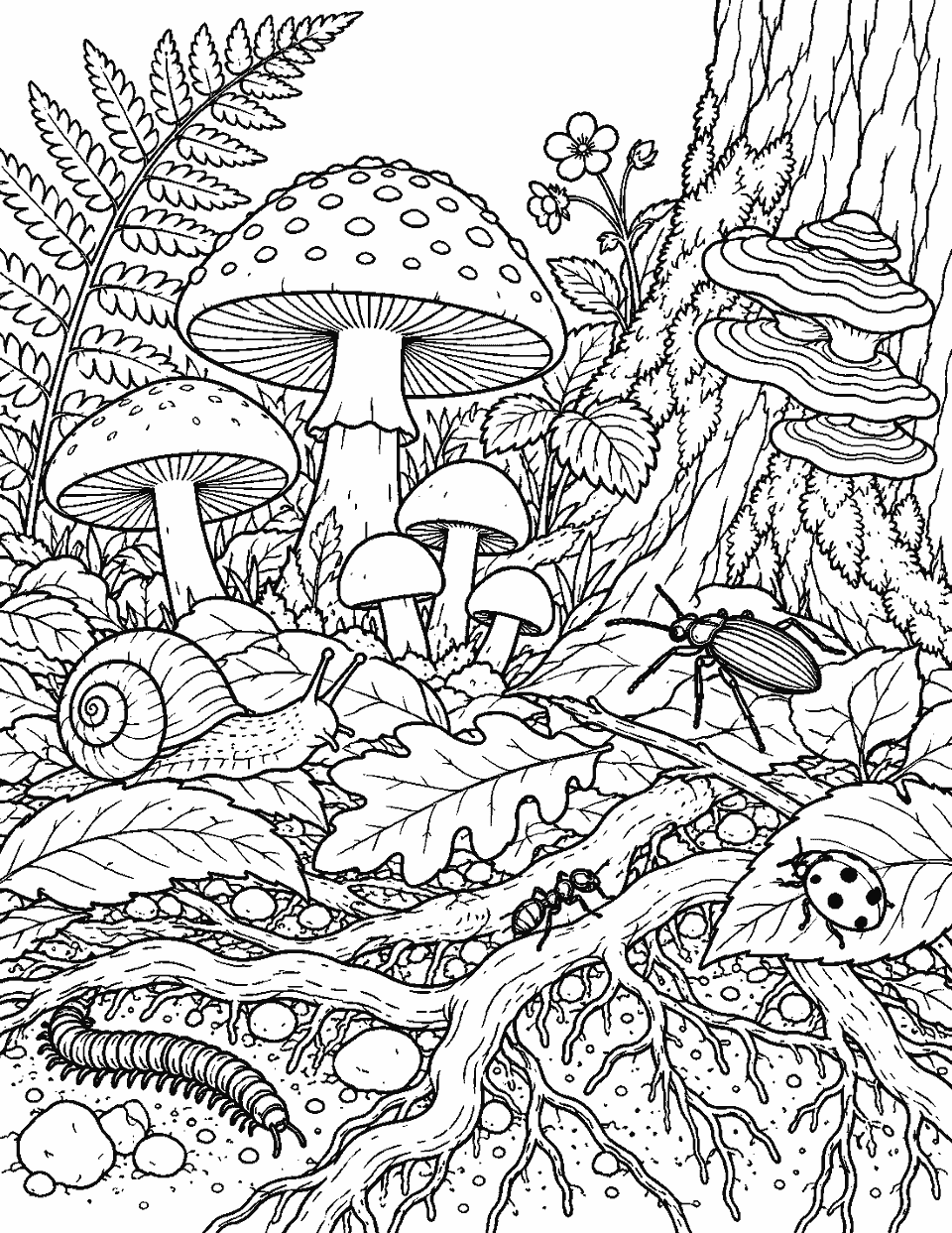 Detailed forest floor with fungi, insects and roots coloring page, black and white line art