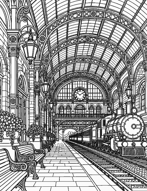 Detailed old railway station with arched roof coloring page
