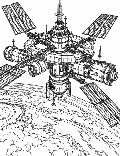 Detailed orbital station above cloud-covered Earth coloring page