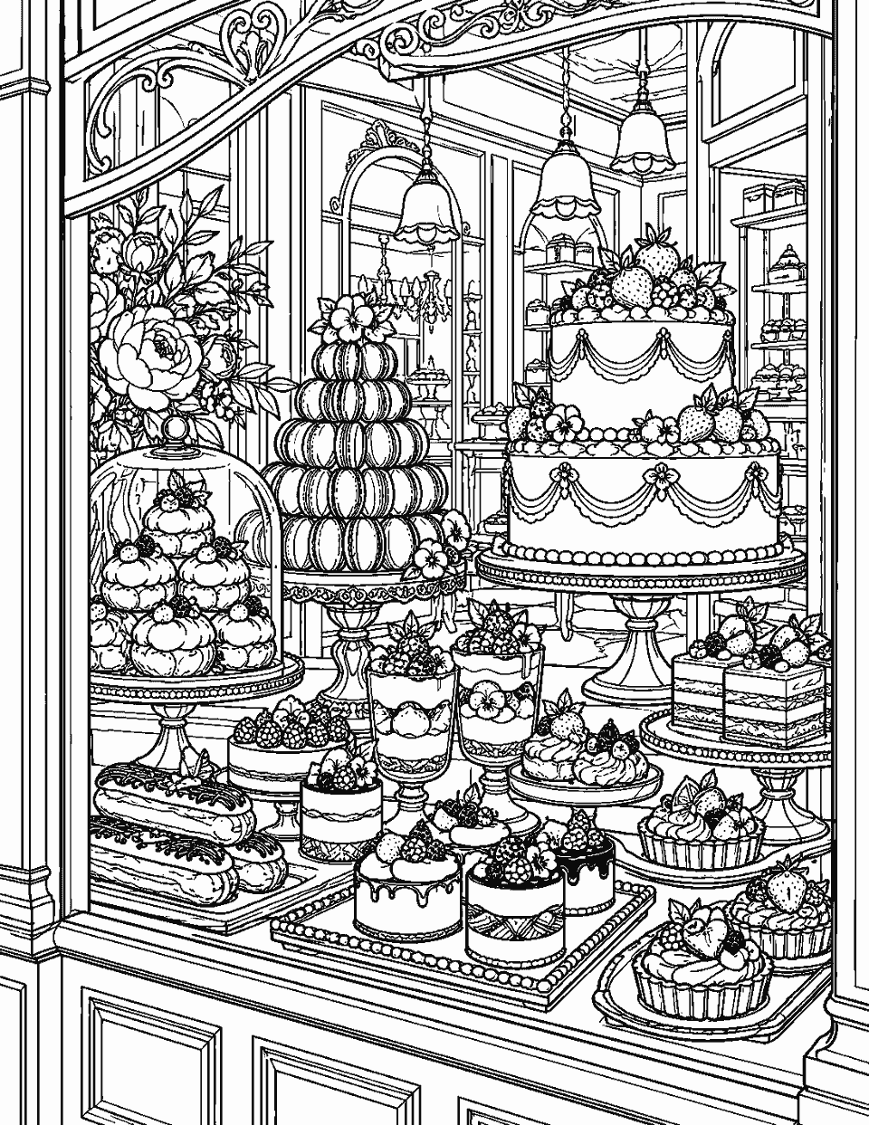 Detailed patisserie window with layered desserts coloring page, black and white line art