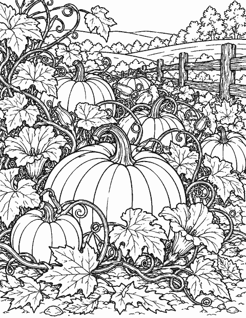 Detailed pumpkin garden with twisting vines and autumn leaves coloring page