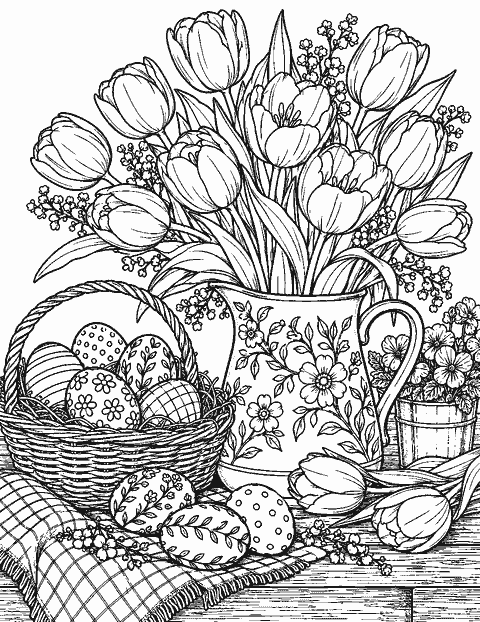 Detailed spring still life with eggs and tulips coloring page