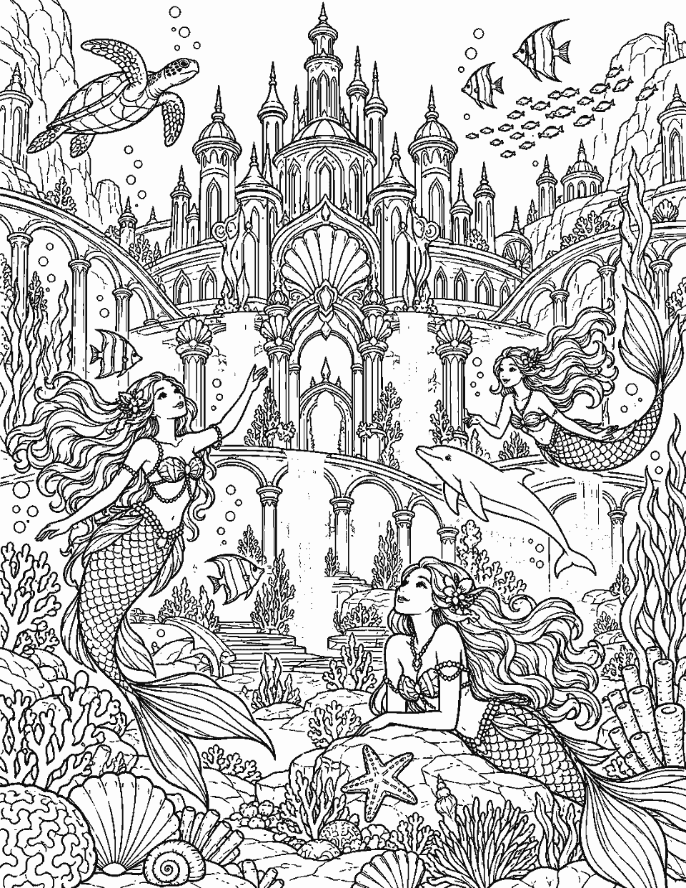 Detailed underwater palace with mermaids and reef life coloring page, black and white line art
