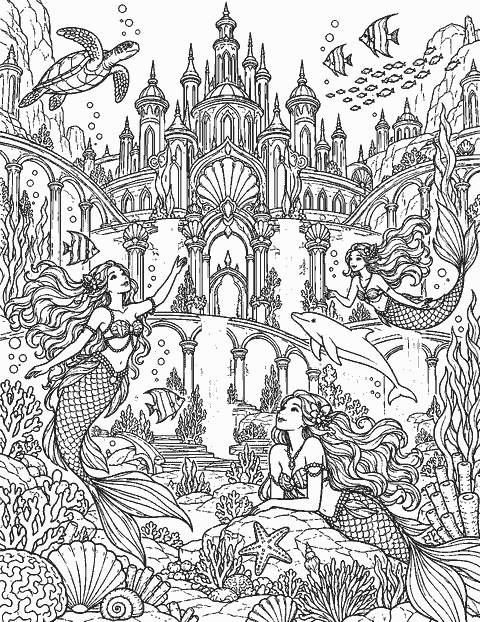 Detailed underwater palace with mermaids and reef life coloring page