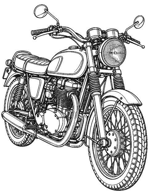 Detailed vintage motorcycle with engine parts coloring page