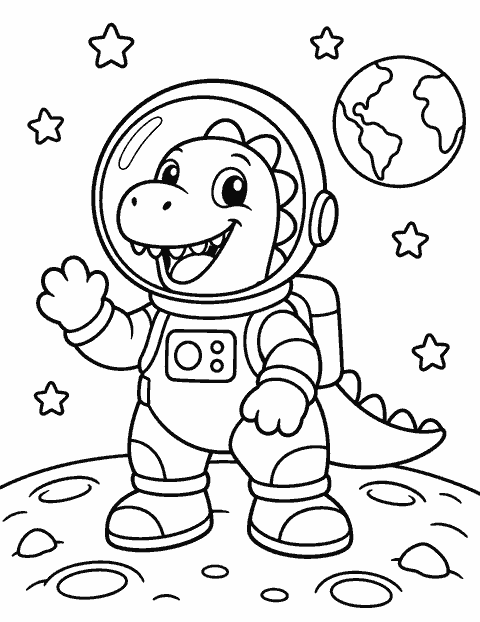 Dinosaur astronaut on the moon coloring page