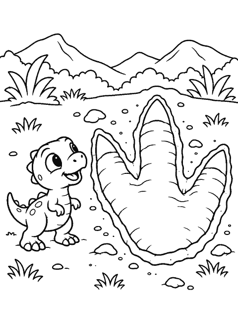 Dinosaur footprint beside a tiny hatchling coloring page