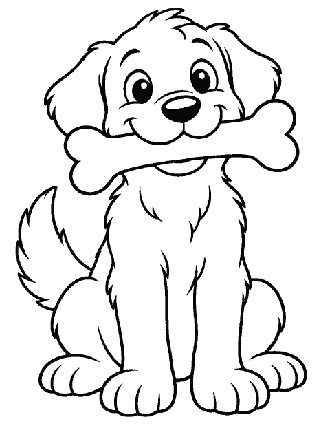 Dog holding a large bone in its mouth coloring page