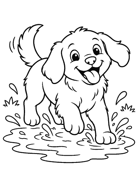 Dog splashing in a shallow puddle coloring page