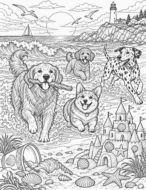 Dogs playing on the beach coloring page