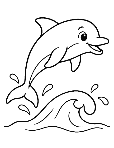 Dolphin leaping over one rounded wave coloring page