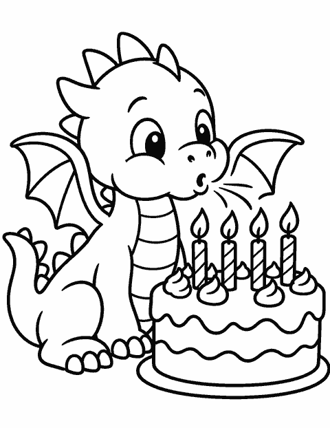 Little dragon blowing out birthday candles coloring page