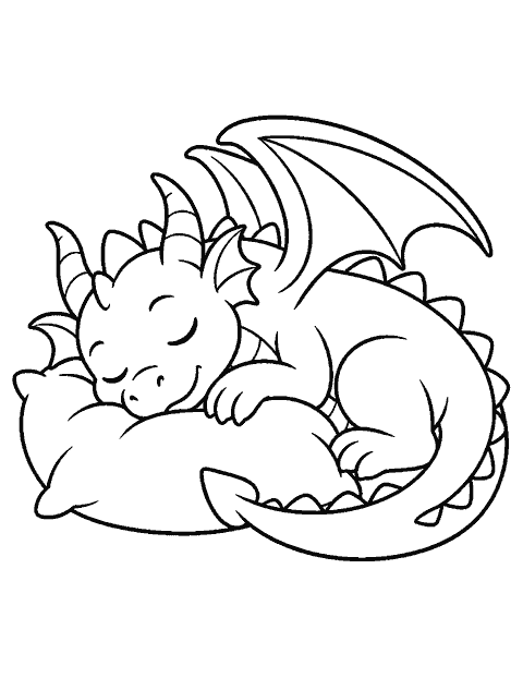 Dragon curled around a pillow for a nap coloring page