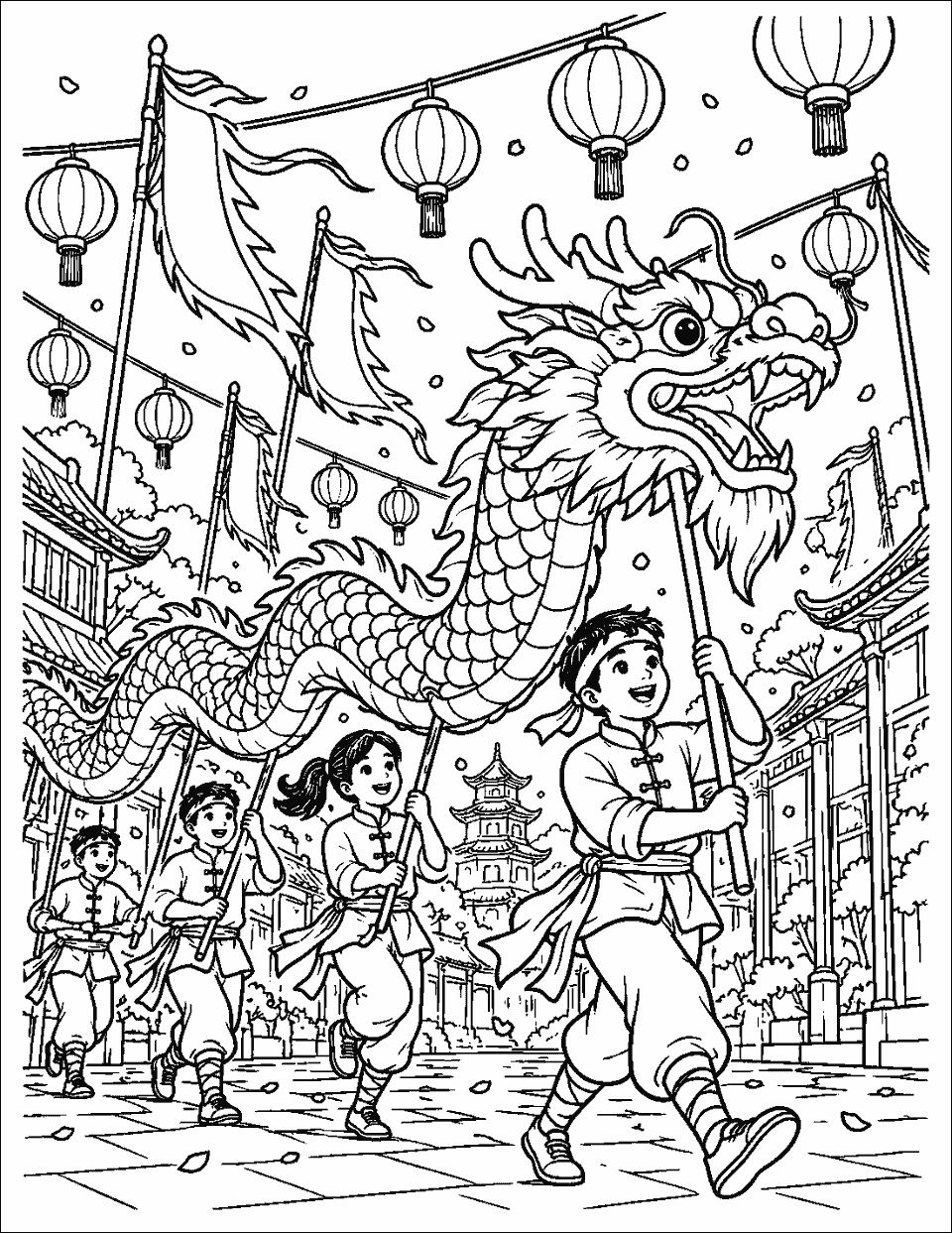 Dragon festival with lanterns and flying banners coloring page, black and white line art