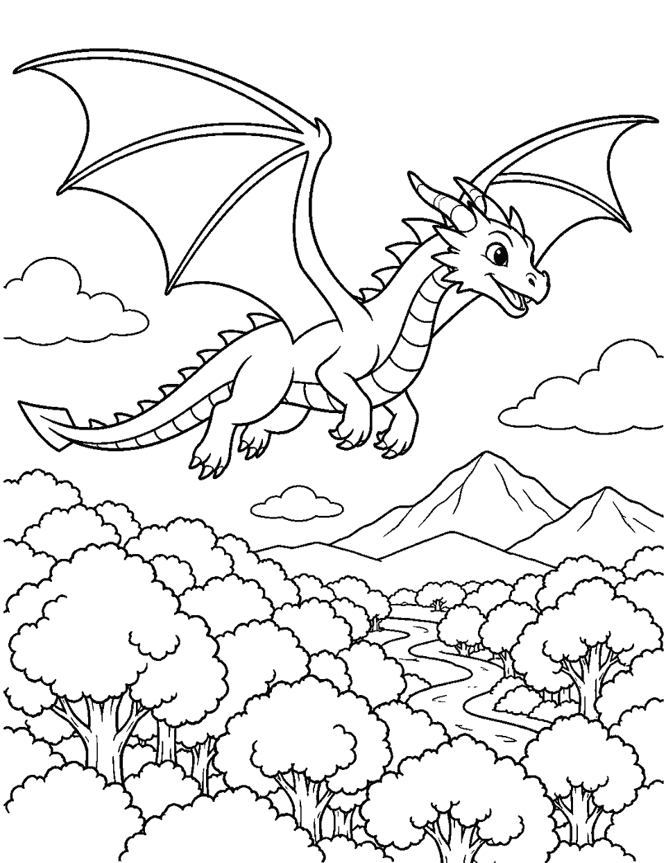 Dragon flying over a forest of round trees coloring page, black and white line art