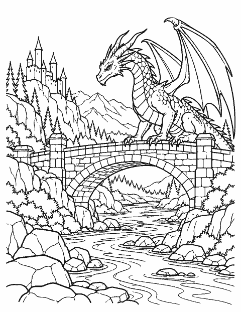 Dragon guarding a bridge above a winding river coloring page