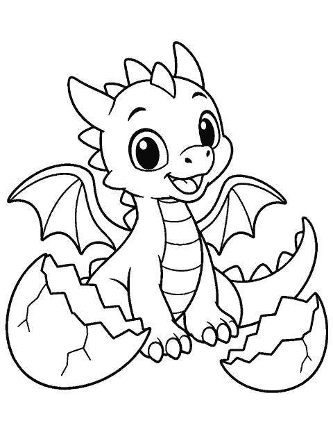 Dragon hatchling beside two cracked eggshells coloring page
