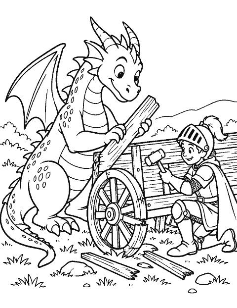 Dragon helping a knight fix a broken wagon coloring page