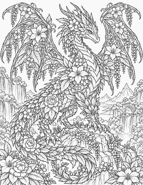 Dragon made of flowers coloring page