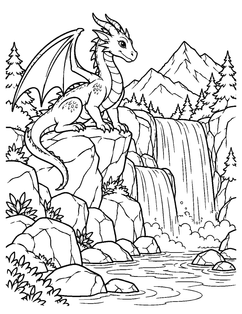 Dragon perched beside a mountain waterfall coloring page, black and white line art