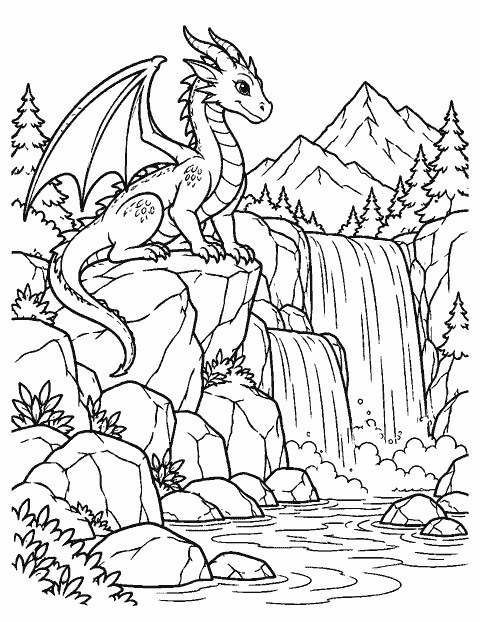 Dragon perched beside a mountain waterfall coloring page