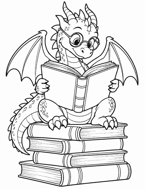 Dragon reading on a pile of books coloring page