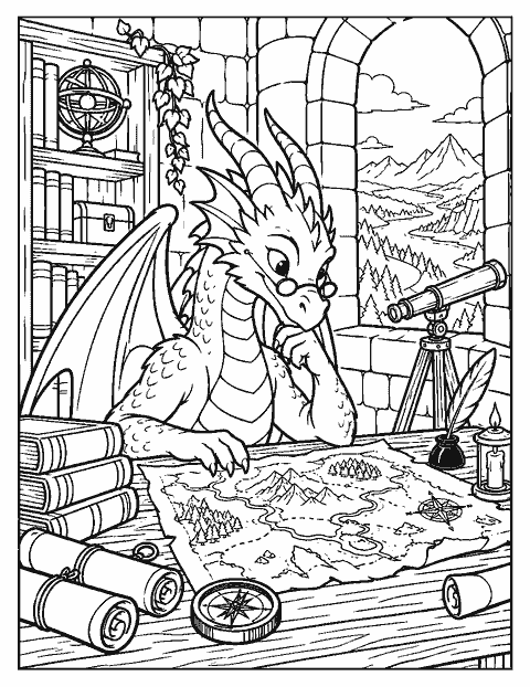 Dragon scholar reading maps in a tower coloring page