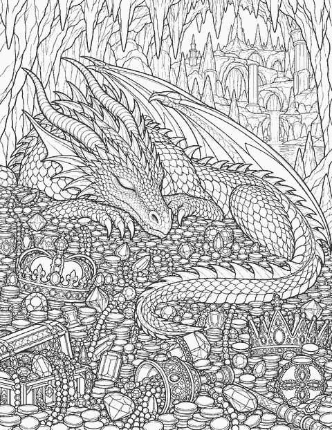 Dragon sleeping on treasure coloring page