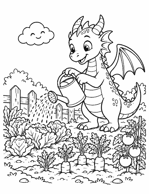 Dragon watering a vegetable garden with a tiny cloud coloring page