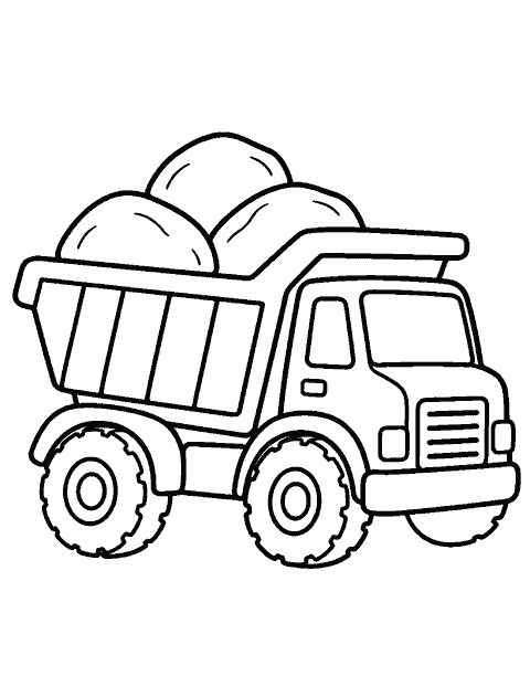 Dump truck carrying three rounded stones coloring page