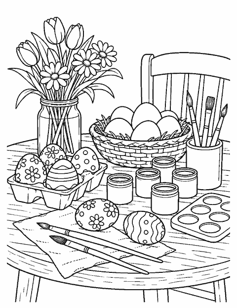 Egg decorating table with paints and brushes coloring page
