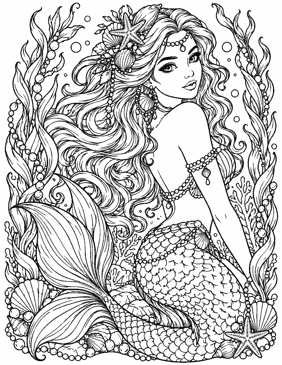 Elaborate mermaid portrait framed by seaweed and pearls coloring page, black and white line art