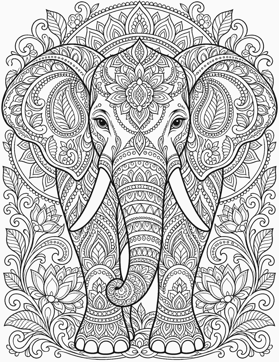 Elephant mandala coloring page, black and white line art
